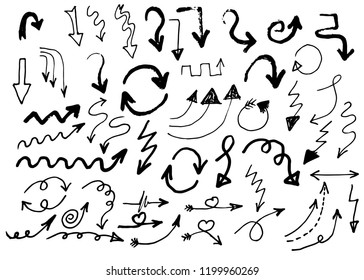 Doodle hand drawn vector arrows set. Isolated on white background