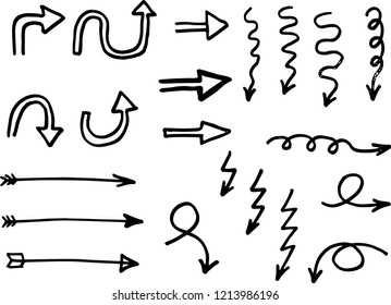 Doodle hand drawn vector arrows set. Isolated on white background