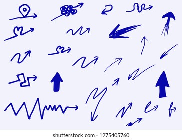 Doodle hand drawn vector arrows set. Isolated on blue background, vector