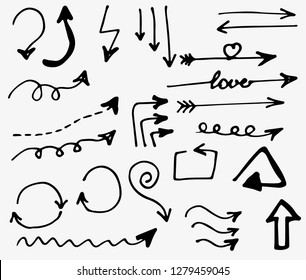 Doodle hand drawn vector arrows set. Isolated on white background