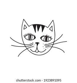 Doodle hand drawn vector cat face with whiskers for typography and digital use, logotype for veterinary, pet shops. Domestic animal design element pet meow printable.
