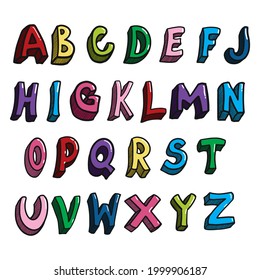 Doodle hand drawn vector font, funny cartoon letters , latin alphabet in childish style with 3D effect, isolated