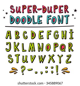 Doodle hand drawn vector font,  funny cartoon letters with punctuation marks, latin uppercase alphabet in childish style with 3D effect isolated on white