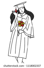 doodle hand drawn vector of graduates student wearing graduation gown and holding flowers for congratulations and happy smile. 
