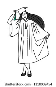 doodle hand drawn vector of graduates student wearing graduation gown with happy smile. 