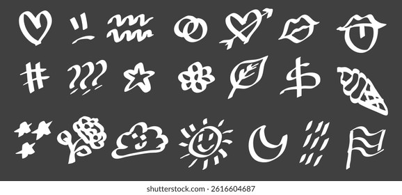 doodle hand drawn vector. Grunge grafitti. Sketch crayon icon tattoo. Scribble marker art. Line, shape punk doodle grafiti with cute element. Chalk bg