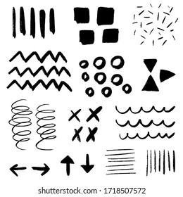 Doodle hand drawn vector grungy paint strokes collection, black ink illustration isolated on white background, element set