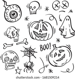 Doodle, hand drawn, vector halloween set. Horror halloween icons.