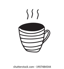 Icono de vector dibujado a mano de garabato de taza de café té. Muñeca acogedora desnuda para beber caliente blanco y negro.