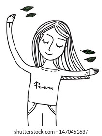 Doodle hand drawn vector illustrated in wellness  happiness   peace concept  The black   white vector shows girl woman standing in clam yoga exercise pose and smiling face and leaves  