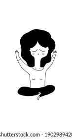 Doodle hand drawn vector illustrated in wellness, happiness and peace concept. The black and white vector shows a girl or woman sitting in clam yoga or exercise pose with sun and cloud.