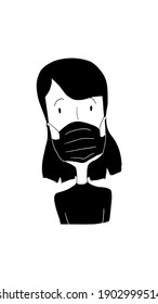 Doodle hand drawn vector illustrated in wellness, happiness and peace concept. The black and white vector shows a happy girl or a woman wear a mask to prevent covid-19 (corona virus).