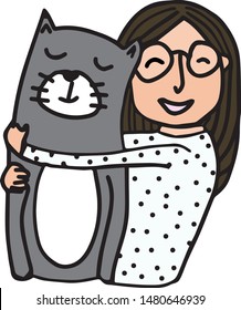 Doodle hand drawn vector illustrates in love cat concept. The editable stoke picture shows a girl or young woman cuddles gray kitty. Her feline friend looks happy in the owner's arms and adorable.  