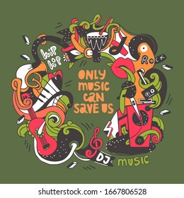 Doodle hand drawn vector illustration with different musical elements.  Festival, live event, disco. Frame. Khaki color background image can be used for banner, poster, invitation, postcard, t shirt.