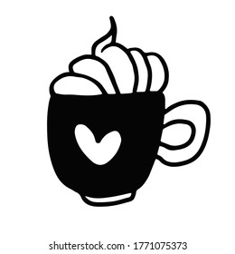 Doodle hand drawn vector illustration of a cup of cappuccino garnished with whipped cream. Black mug  decorated with heart. Isolated on white background.