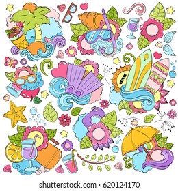 Doodle hand drawn vector illustration, abstract background, texture, pattern, wallpaper, backdrop. Collection of color, bright summer elements. Patch, badge. Summer vacation, travel, recreation