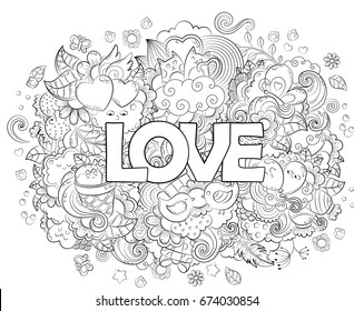 Doodle hand drawn vector illustration, abstract background, texture, pattern, wallpaper, backdrop. Collection of romantic love elements. Freehand sketch for adult anti stress coloring book page