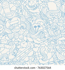 Doodle hand drawn vector illustration, abstract background, texture, pattern, wallpaper, backdrop. Collection of New Year Christmas elements and objects  set.  winter sports