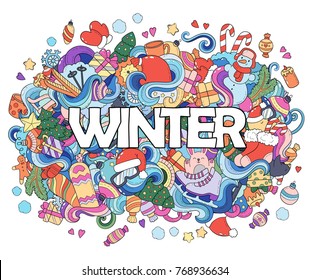 Doodle hand drawn vector illustration, abstract background, texture, pattern, wallpaper, backdrop. Collection of New Year Christmas elements and objects set. winter sports