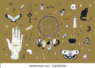 Doodle hand drawn vector illustrations set with magic attributes, animals and things for halloween