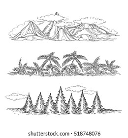 Doodle hand drawn vector landscapes with mountain forest and palms. Popular rest style vector