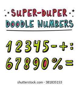 Doodle hand drawn vector numbers,  funny cartoon figures and mathematical symbols in childish style with 3D effect isolated on white