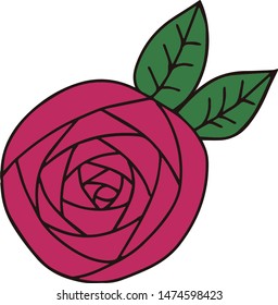 Doodle hand drawn vector is a pink color rose with two green leaves. This  flower is a symbol of rose good for romantic love card or cute poster or beautiful background decoration. 