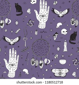 Doodle hand drawn vector seamless pattern with magic attributes, animals and things for halloween