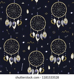 Doodle hand drawn vector seamless pattern with magic attributes, dreamcatchers.