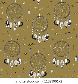 Doodle hand drawn vector seamless pattern with magic attributes, dreamcatchers.