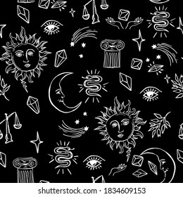 Doodle hand drawn vector seamless pattern with magic attributes,sun and moon, tarot symbols. Wiccan seamless pattern. Witchcraft vector illustration in hand drawn style.Things for halloween