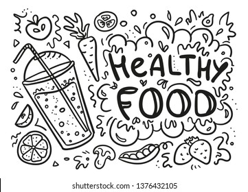 Doodle hand drawn vector set of healthy food ingredient with smoothies, vegetables, orange, apple, carrot, strawberry, tomato and lettering. Vegan concept. Sketch style illustration for cafe menu
