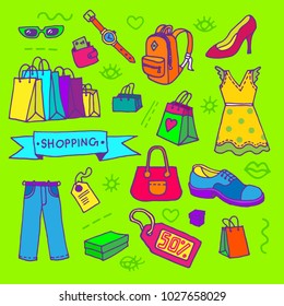 Doodle hand drawn vector shopping set. Shopping bags, dress, wallet, shoes etc. 