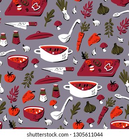 Doodle Hand Drawn Vegetable Soup Seamless Pattern. Vector Illustration