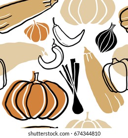 Doodle hand drawn vegetables seamless pattern. Sketched abstract food illustration. Design artistic background for card, print, template, wallpaper, texture