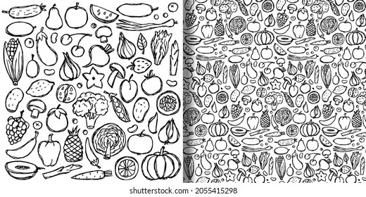 Doodle hand drawn vegetarian food set and seamless pattern