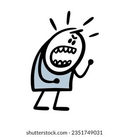 Doodle hand drawn very angry and rude stickman swears, yells and shakes his fist. Vector illustration of super aggressive stick figure character. Funny person isolated on white background.