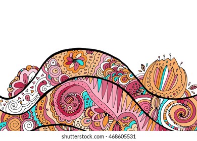 doodle hand drawn wavy background. Floral elements. Coloring page for adults.