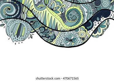 doodle hand drawn wavy background. Floral elements. Coloring page for adults.