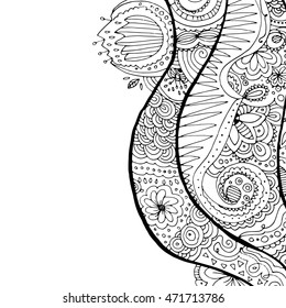 doodle hand drawn wavy background. Floral elements. Coloring page for adults.