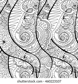 doodle hand drawn wavy seamless background. Floral elements. Coloring page for adults.