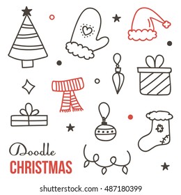 Doodle, hand drawn winter christmas set, collection isolated on white background.