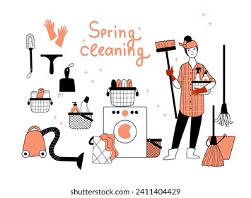 Doodle hand drawn woman doing housework. Set of clean equipments. Spring home clean. Vector line doodle Illustration 