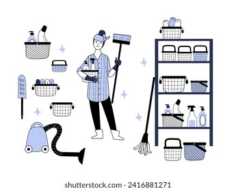 Doodle hand drawn woman professional housemaid in uniform doing housework. Set of cleaning  equipments. Spring home cleaning. Vector line doodle Illustration for background, poster, frame.