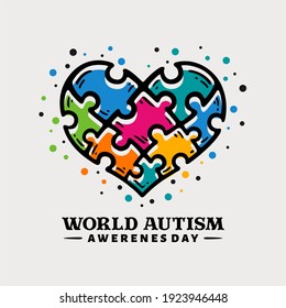 Doodle hand drawn world autism awareness day illustration with puzzle pieces in love, heart shape