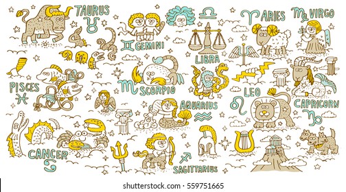 Doodle hand drawn Zodiac, Constellation ,Greek mythology - Vector illustration