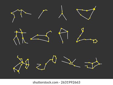 Conjunto de ícones de constelações zodiacais desenhadas à mão.