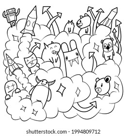 Doodle handgezeichnet.Cloud Monster mit Raketen und Pfeilen.