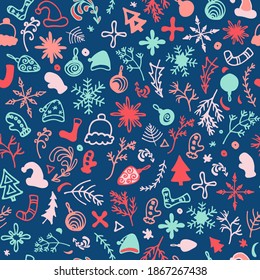 Doodle hand drown pattern with winter items