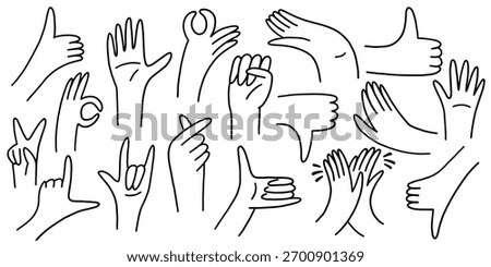 Doodle Hand Gesture Icon Set. Hand Finger Sign Thumb Up and Ok in Line Style